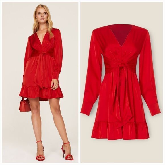Marissa Webb Collective Satin Tie Front Long Sleeve Ruffle V-Neck Dress in Red 8 - Picture 1 of 10